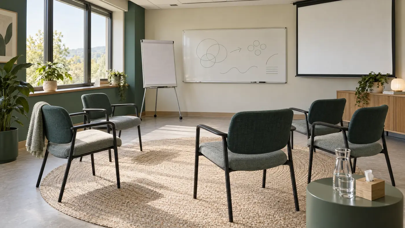 Sala de capacitación con sillas dispuestas en semicírculo, un pizarrón con esquemas simples y ventanales con vista a los árboles